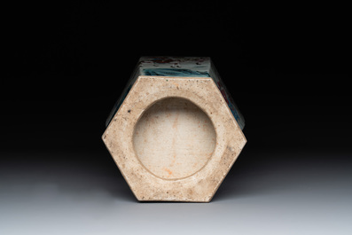 A Chinese Canton famille rose hexagonal vase with narrative design, 19th C.