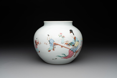 An extremely rare Chinese famille rose globular 'lady and boys' jar, Yongzheng