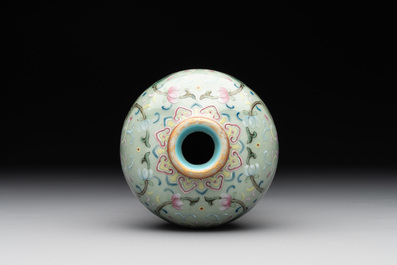 A Chinese celadon-ground famille rose 'meiping' 'flower scroll' vase, Qianlong mark and of the period