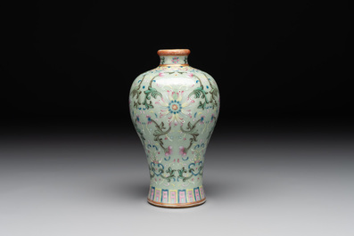 A Chinese celadon-ground famille rose 'meiping' 'flower scroll' vase, Qianlong mark and of the period
