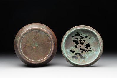 A rare Chinese bronze 'sage in a mountainous landscape' handwarmer, 17/18th C.