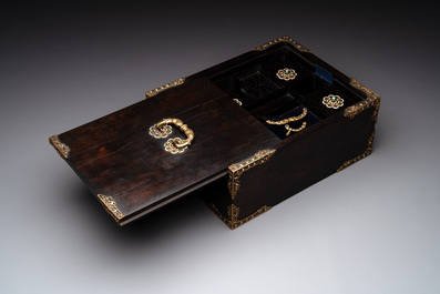 A colonial hardwood writing box with enamelled gold mounts, 18th C.