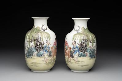 A pair of Chinese famille rose lantern-shaped vases with figures and cows, Qianlong mark, Republic