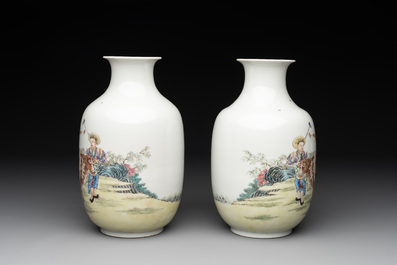 A pair of Chinese famille rose lantern-shaped vases with figures and cows, Qianlong mark, Republic
