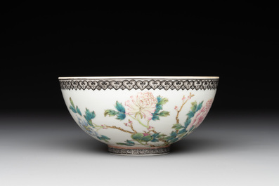A Chinese famille rose eggshell 'peonies' bowl, Qianlong mark, 20th C.