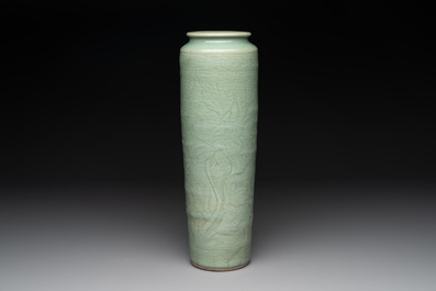 A Chinese Longquan celadon cylindrical vase with incised floral design, Ming