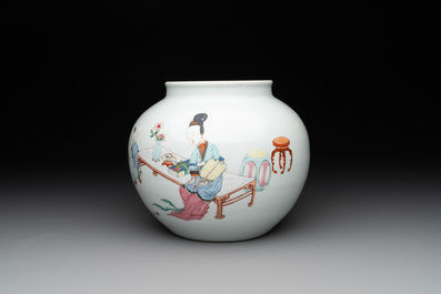 An extremely rare Chinese famille rose globular 'lady and boys' jar, Yongzheng