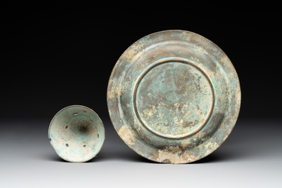 A Chinese bronze 'immortal' 'boshanlu' censer and cover with a tomobako, Western Han