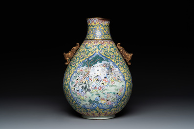 A Chinese Canton enamel '100 boys' 'hu' vase, 20th C.