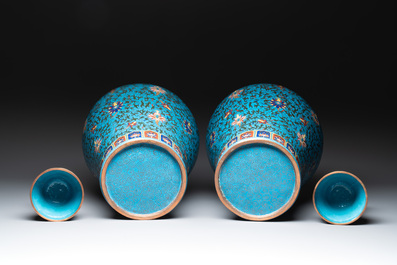 A pair of large Chinese cloisonn&eacute; 'lotus scroll' 'meiping' vases and cover, Republic