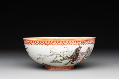 A fine Chinese famille rose eggshell 'Qiu Ran Ke Zhuan 虬髯客傳' bowl, signed Zeng Fuqing 曾福慶 and seal mark, 20th C.