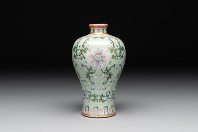 A Chinese celadon-ground famille rose 'meiping' 'flower scroll' vase, Qianlong mark and of the period