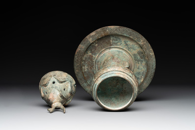 A Chinese bronze 'immortal' 'boshanlu' censer and cover with a tomobako, Western Han