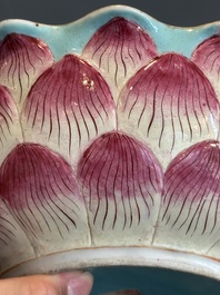 A Chinese famille rose 'lotus' bowl with turtle-shaped flower holder, Qianlong mark and of the period