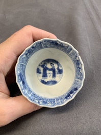 Twelve Chinese blue and white saucers and eight cups, Kangxi/Yongzheng