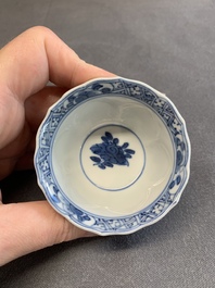 Twelve Chinese blue and white saucers and eight cups, Kangxi/Yongzheng