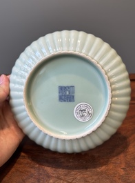 A Chinese celadon-glazed chrysanthemum-shaped plate, Qianlong mark, 20th C.