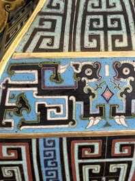 A Chinese cloisonn&eacute; square archaic-style vase, Qianlong and Ren mark, 19/20th C.