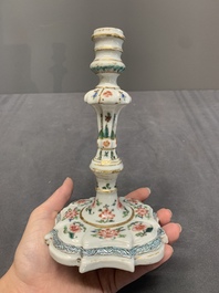 A pair of rare Chinese export famille rose candlesticks with floral design, Yongzheng/Qianlong