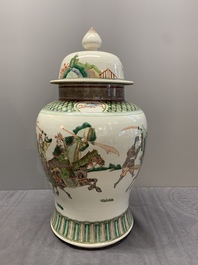 A pair of famille verte-style 'warriors on horseback' vases and covers, Samson, Paris, 19th C.