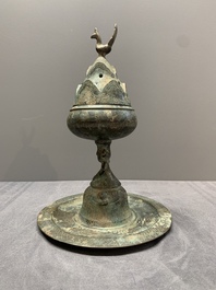 A Chinese bronze 'immortal' 'boshanlu' censer and cover with a tomobako, Western Han