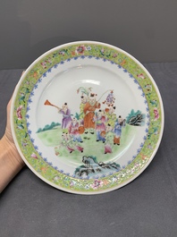 A varied collection of five Chinese famille rose, grisaille and iron-red porcelain, 20th C.