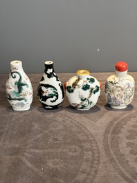 Four Chinese famille rose and verte snuff bottles, Qianlong and Tongzhi mark, 19th C.
