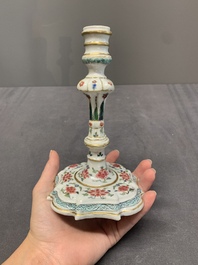 A pair of rare Chinese export famille rose candlesticks with floral design, Yongzheng/Qianlong