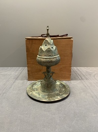 A Chinese bronze 'immortal' 'boshanlu' censer and cover with a tomobako, Western Han