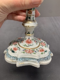 A pair of rare Chinese export famille rose candlesticks with floral design, Yongzheng/Qianlong