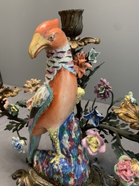 A pair of candle holders mounted with Chinese famille rose models of pheasants, Qianlong