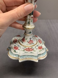A pair of rare Chinese export famille rose candlesticks with floral design, Yongzheng/Qianlong