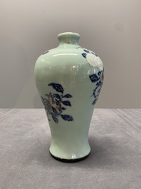 A rare Chinese blue, white and iron-red celadon-ground 'pomegranate' 'meiping' vase, Qianlong mark and of the period