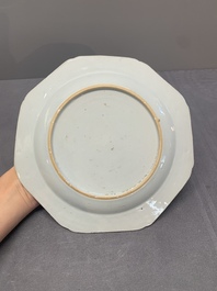 Two Chinese famille rose plates and an Imari-style armorial plate, Kangxi/Yongzheng