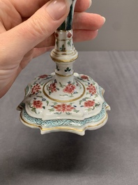 A pair of rare Chinese export famille rose candlesticks with floral design, Yongzheng/Qianlong