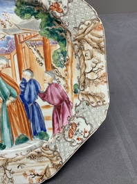 Two Chinese famille rose plates and an Imari-style armorial plate, Kangxi/Yongzheng