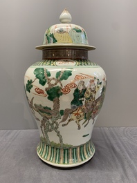 A pair of famille verte-style 'warriors on horseback' vases and covers, Samson, Paris, 19th C.