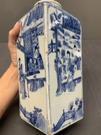 A Chinese blue and white square bottle with figural design, Kangxi