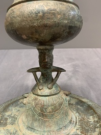 A Chinese bronze 'immortal' 'boshanlu' censer and cover with a tomobako, Western Han