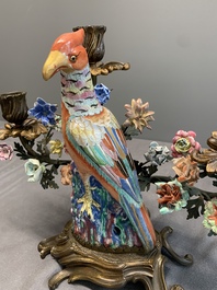 A pair of candle holders mounted with Chinese famille rose models of pheasants, Qianlong