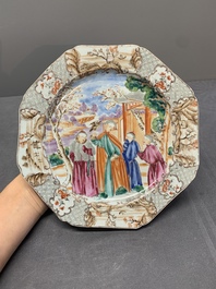 Two Chinese famille rose plates and an Imari-style armorial plate, Kangxi/Yongzheng