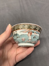 A fine Chinese famille rose 'apple pickers' cup and saucer, Yongzheng