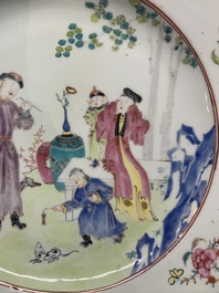 Two Chinese famille rose plates and an Imari-style armorial plate, Kangxi/Yongzheng
