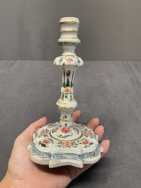A pair of rare Chinese export famille rose candlesticks with floral design, Yongzheng/Qianlong