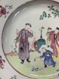 Two Chinese famille rose plates and an Imari-style armorial plate, Kangxi/Yongzheng