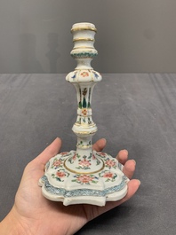 A pair of rare Chinese export famille rose candlesticks with floral design, Yongzheng/Qianlong