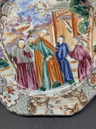 Two Chinese famille rose plates and an Imari-style armorial plate, Kangxi/Yongzheng