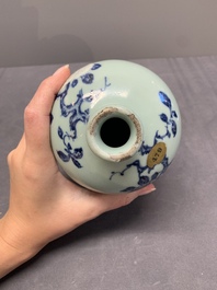 A rare Chinese blue, white and iron-red celadon-ground 'pomegranate' 'meiping' vase, Qianlong mark and of the period