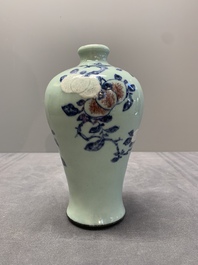 A rare Chinese blue, white and iron-red celadon-ground 'pomegranate' 'meiping' vase, Qianlong mark and of the period