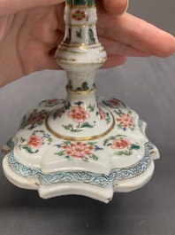 A pair of rare Chinese export famille rose candlesticks with floral design, Yongzheng/Qianlong